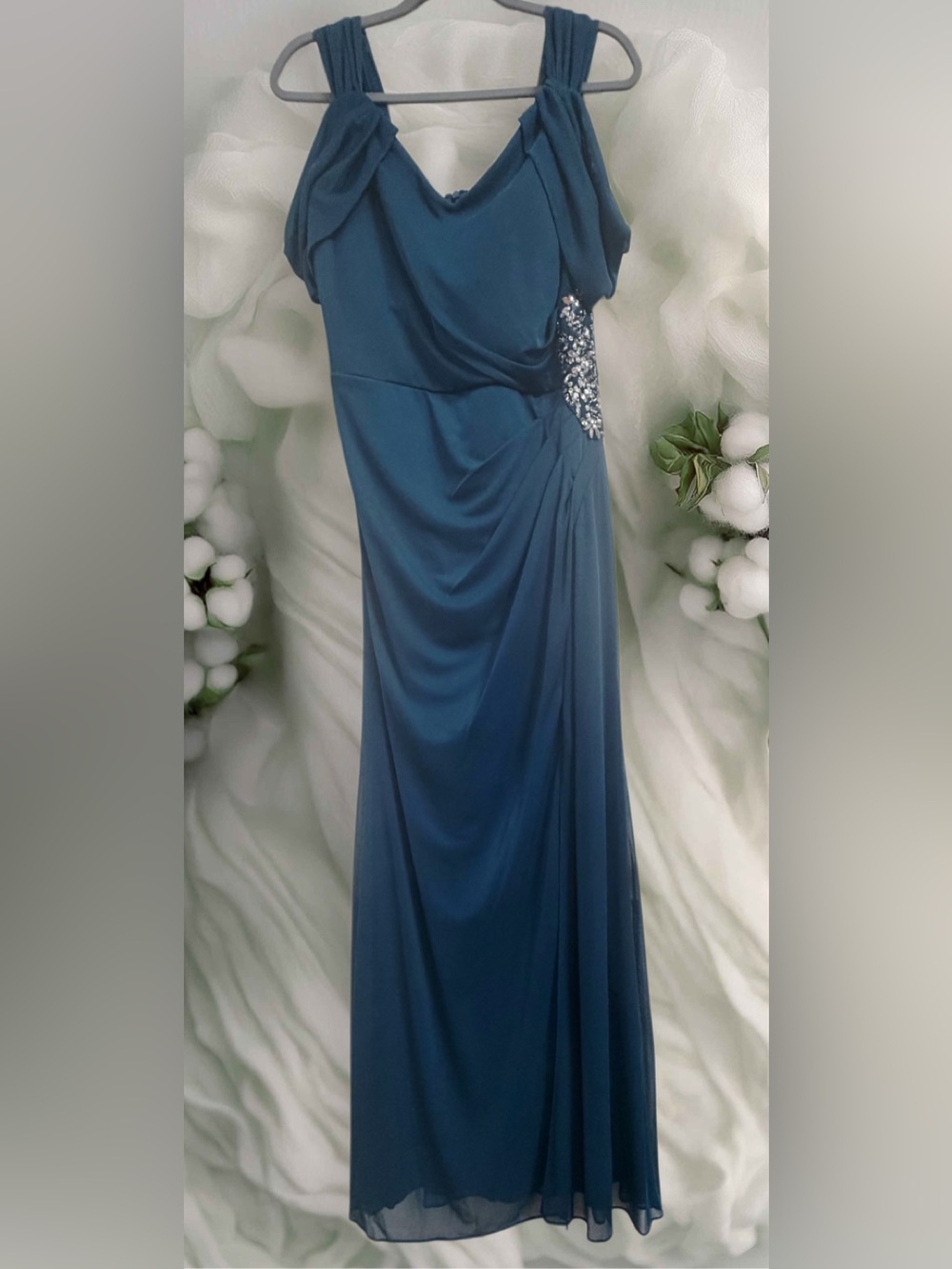Alex Evenings NWT Teal Chiffon Maxi Dress with Beaded Side Detail size 14